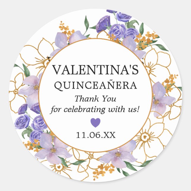 Adesivo Quinceanera Purple Dourado Favor Floral Obrigado (Frente)