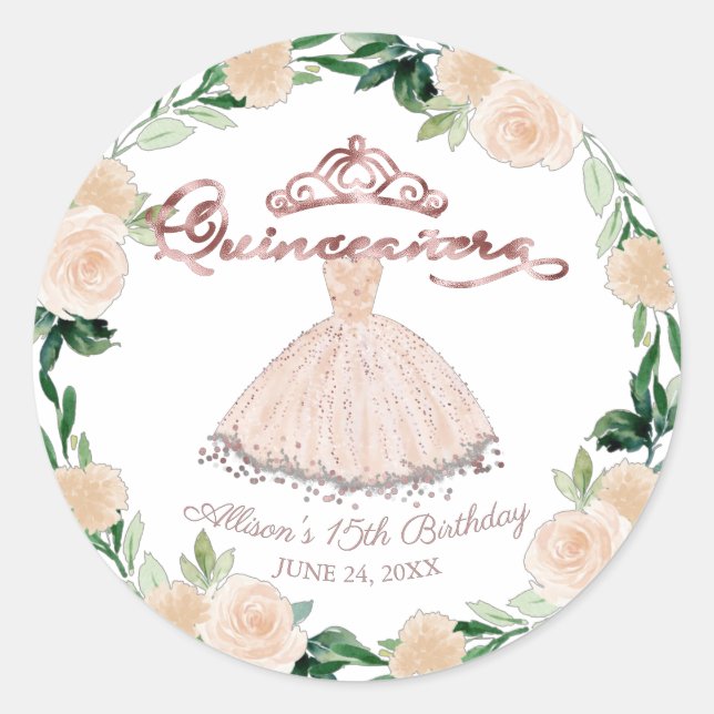 Adesivo Quinceanera Rosa Dourada Blush Brilhante (Frente)