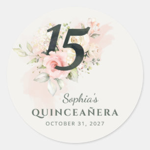 Adesivo Quinceanera Rosa, Rústica Floral, 15, Aniversári