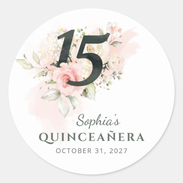 Adesivo Quinceanera Rosa, Rústica Floral, 15, Aniversário (Frente)