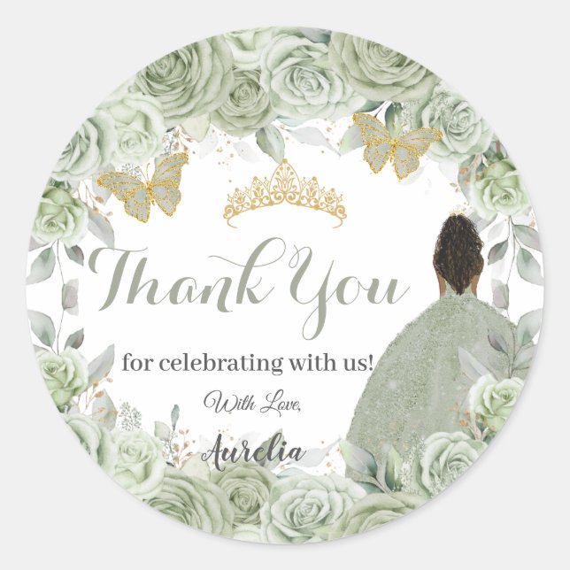 Adesivo Quinceañera Sage Green Floral Brown Princess Favor (Frente)