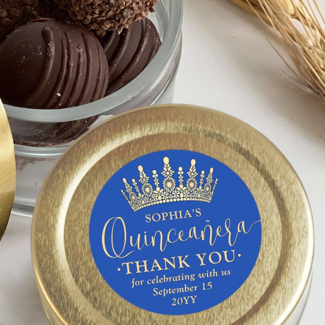 Adesivo Quinceañera Thank You Chic Royal Blue & Gold Crown (Criador carregado)