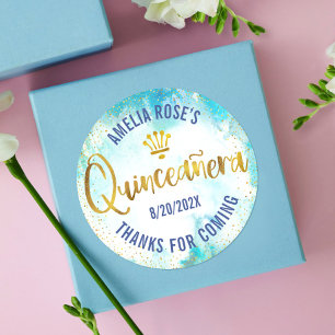 Adesivo Quinceañera Turquesa Azul Dourado Folha Aquarela