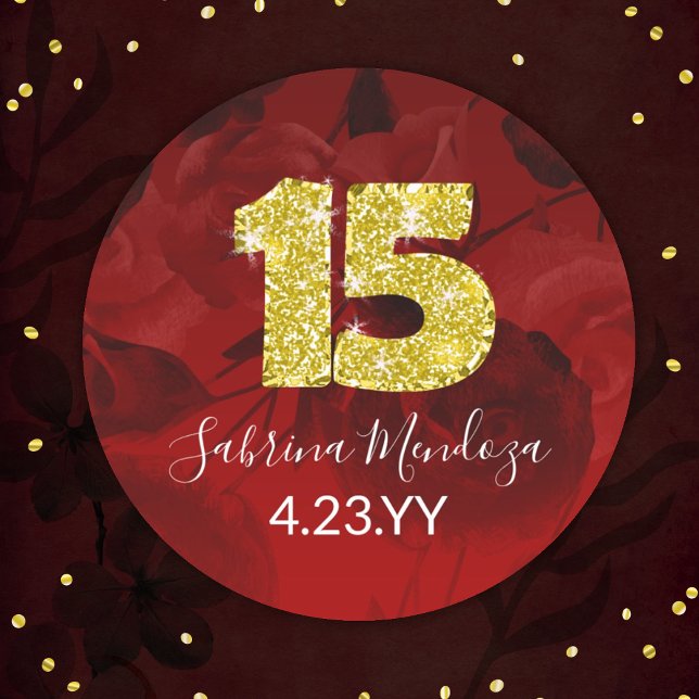 Adesivo Quinceanera Vermelha, Dourada, Dourada nº 15 (elegant red quinceanera sticker with gold, glitter number 15, mis quince anos, personalized label)