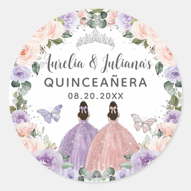 Adesivo Quinceañera XV Doce 16 Gêmeas Florais Lilac Blush (Frente)