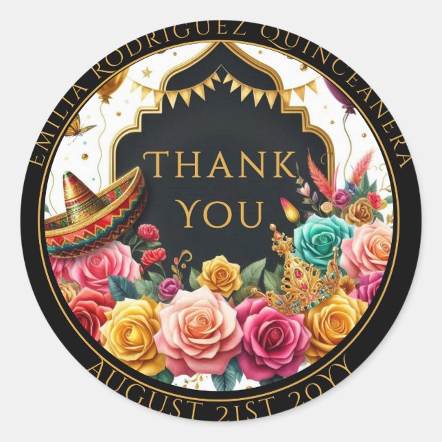 Adesivo Quuniceanera Favor Bag Fiesta Rosas Floral Obrigad (Frente)