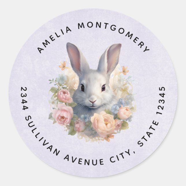 Adesivo Rabbit Surrounded by Pastel Flowers Cute - Address (Frente)