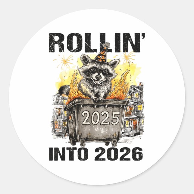Adesivo Raccoon Rolling Into 2026 Happy New Year 2026 Funn (Frente)