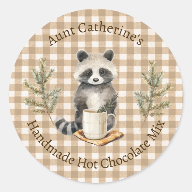 Adesivo Raccoon with Mug Brown Gingham Hot Cocoa Mix Label (Frente)