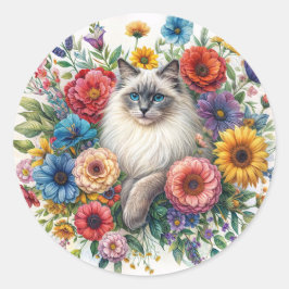 Adesivo Ragdoll Cat Among Colorful Flowers Watercolor