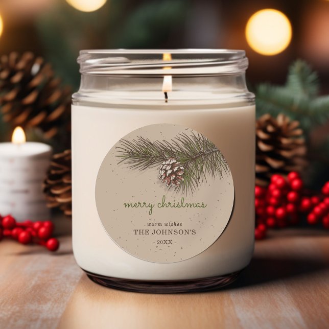 Adesivo Ramita Rústica de Pinheiro Feliz Natal (Rustic Sprig Pine Merry Christmas Classic Round Sticker)