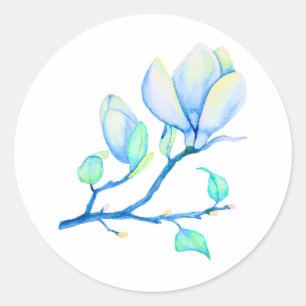 Adesivo Ramo de Magnólia em Aquarela Azul Verde Botânico