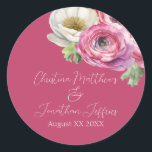 Adesivo Ranunculus Rosa Romântica com Aquarela<br><div class="desc">Estas etiquetas românticas de autocolante floral apresentam um elegante fundo cor-de-rosa pincelado com flores brancas de aquarela e ranóculus cor-de-rosa. Um delicado buquê de ranúnculo e verde é ilustrado no topo. Os nomes das amostras de um novo casal e a data do casamento são impressos na parte superior. Você pode...</div>