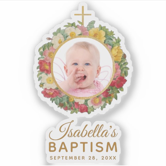 Adesivo Rapariga Baptism Baby Photo Rosa Wreath Cross Scri (Frente)