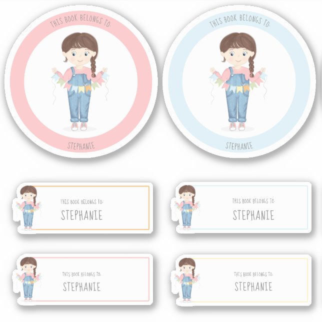 Adesivo Rapariga de aniversário em Overalls Brunette (Frente)