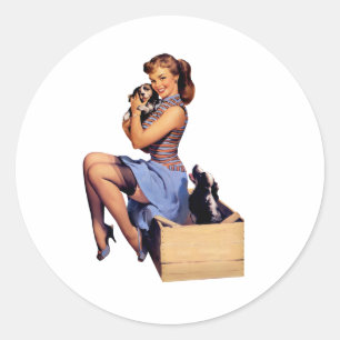 Adesivo Rapariga de Pin-up de Arte Retro com Cães de Pupp