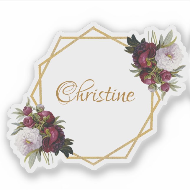 Adesivo Rapariga Dourada Borgonha Nome Geométrico Floral (Frente)