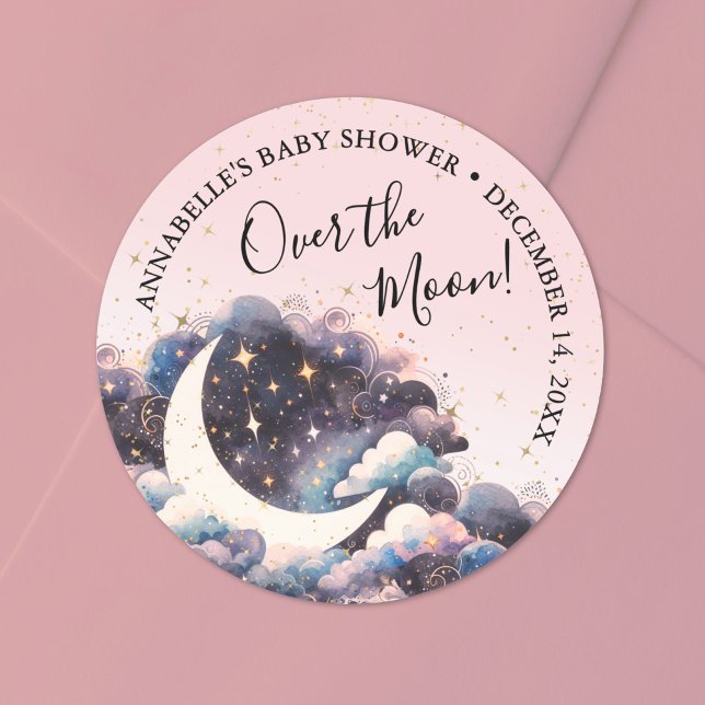Adesivo Rapariga Sobre O Chá de fraldas Da Lua (Girl Over The Moon Baby Shower Classic Round Sticker)