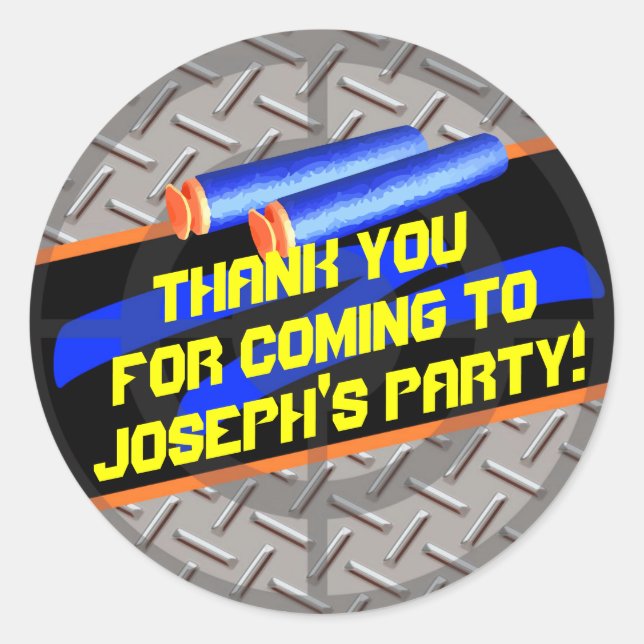 Adesivo Rapazes, Festa de aniversário Dart Wars Obrigado (Frente)