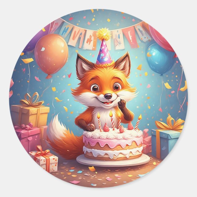 Adesivo Raposa Adorável Comemorando um Aniversário Alegre (Frente)