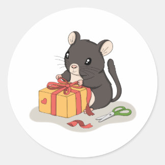 Adesivo Rato Fofo Envolvendo um Presente Sticker de Animal