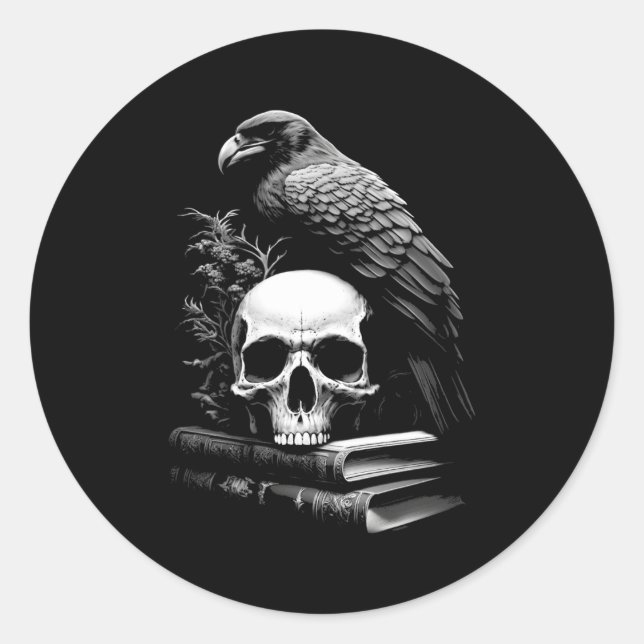 Adesivo Raven Bird Skull E Livros Witchy Occult Academia (Frente)