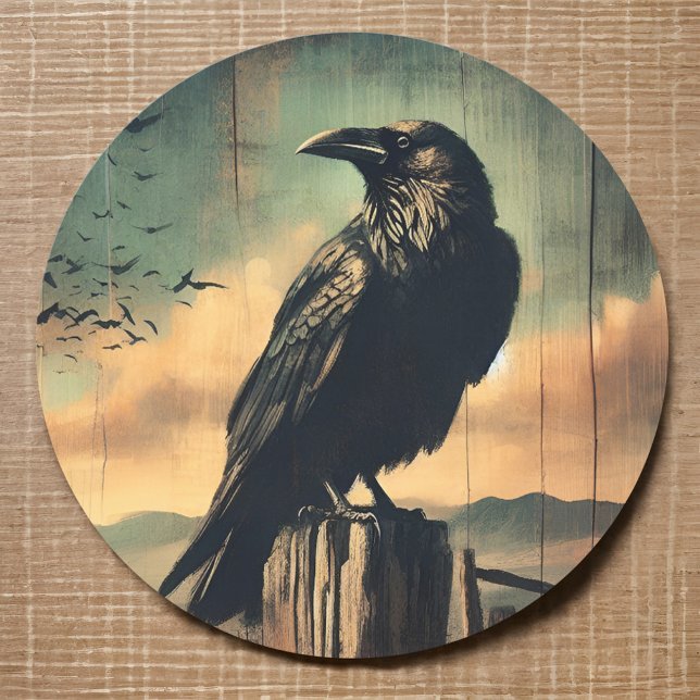Adesivo Raven Ghost Town Desert Sunset Western Bird (Rustic Raven Sticker Ghost Town Desert Sunset Faded Western Landscape Symbolic  of Death, Resilience)