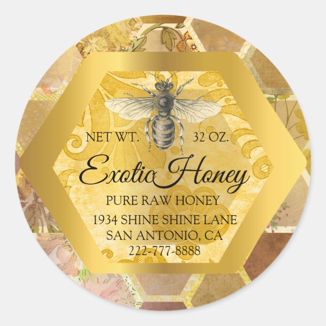 Adesivo Raw Honey Jar Honeybee Honeycomb Apiary Dourado VI (Frente)