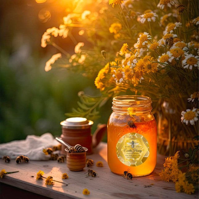 Adesivo Raw Honey Jar Honeybee Honeycomb Bee Apiary Ouro (Raw Honey Jar Honeybee Honeycomb Bee Apiary Golden Classic Round Sticker)