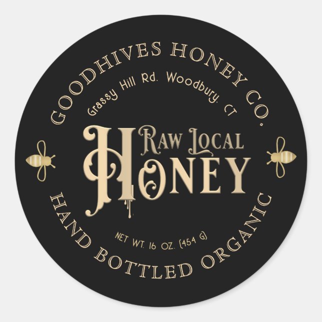 Adesivo Raw Local Honey Custom Label com Abelhas em Preto (Frente)