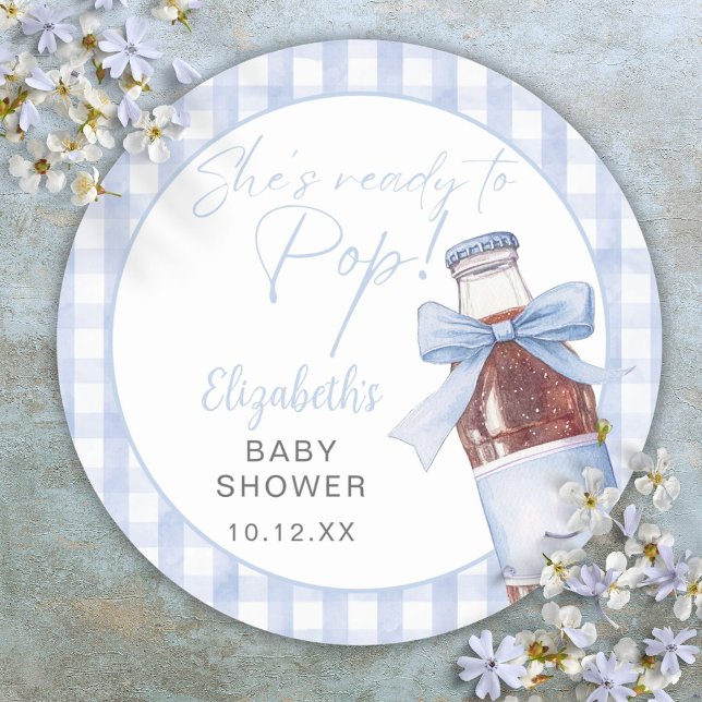 Adesivo Ready To Pop Blue Bow Soda Bottle Baby Shower (Ready To Pop Blue Bow Soda Bottle Baby Shower Classic Round Sticker)