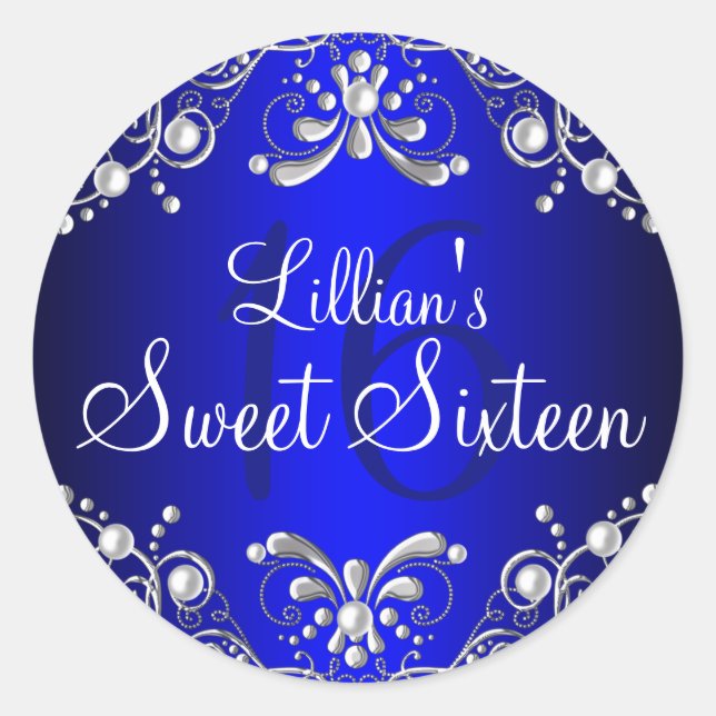 Adesivo Real Blue Silver Pearl Damask Sweet 16 Sticker (Frente)