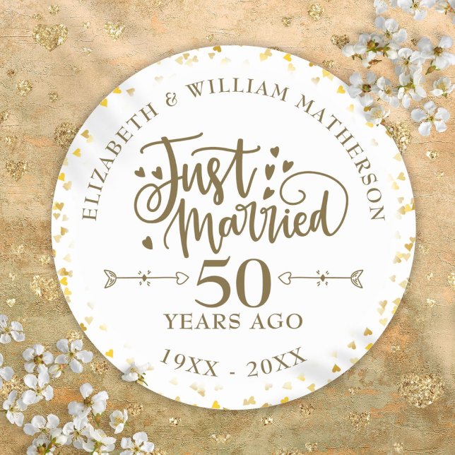 Adesivo Recem casados 50º Aniversário de Casamento (Just Married 50th Wedding Anniversary Classic Round Sticker)