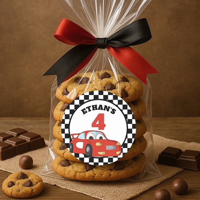 Adesivo Red Black White Race Car 4ª Festa de Aniversário (Red race car child's birthday party favor bag sticker)