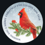 Adesivo Red Cardinal Bird Merry Christmas Sticker<br><div class="desc">Bela ave cardeal vermelha sobre fundo de neve Feliz Natal e feliz ano novo</div>