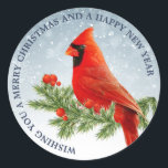 Adesivo Red Cardinal Bird Merry Christmas Sticker<br><div class="desc">Bela ave cardeal vermelha sobre fundo de neve Feliz Natal e feliz ano novo</div>