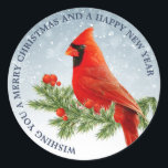 Adesivo Red Cardinal Bird Merry Christmas Sticker<br><div class="desc">Bela ave cardeal vermelha sobre fundo de neve Feliz Natal e feliz ano novo</div>