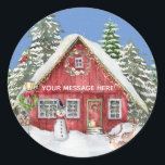Adesivo Red Country House Snow Christmas Scenname<br><div class="desc">A cena perfeita de Natal — neve caindo; neve coberta de árvores; a casa decorada com luzes; um boneco de neve na frente; veado na frente. Para você ou muito especial como presente. Personalize a mensagem como quiser. Quaisquer questões ou problemas relacionados com o design, basta enviar um e-mail: charmdesignstudio@rcn.com...</div>
