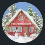 Adesivo Red Country House Snow Christmas Scenname<br><div class="desc">A cena perfeita de Natal — neve caindo; neve coberta de árvores; a casa decorada com luzes; um boneco de neve na frente; veado na frente. Para você ou muito especial como presente. Personalize a mensagem como quiser. Quaisquer questões ou problemas relacionados com o design, basta enviar um e-mail: charmdesignstudio@rcn.com...</div>