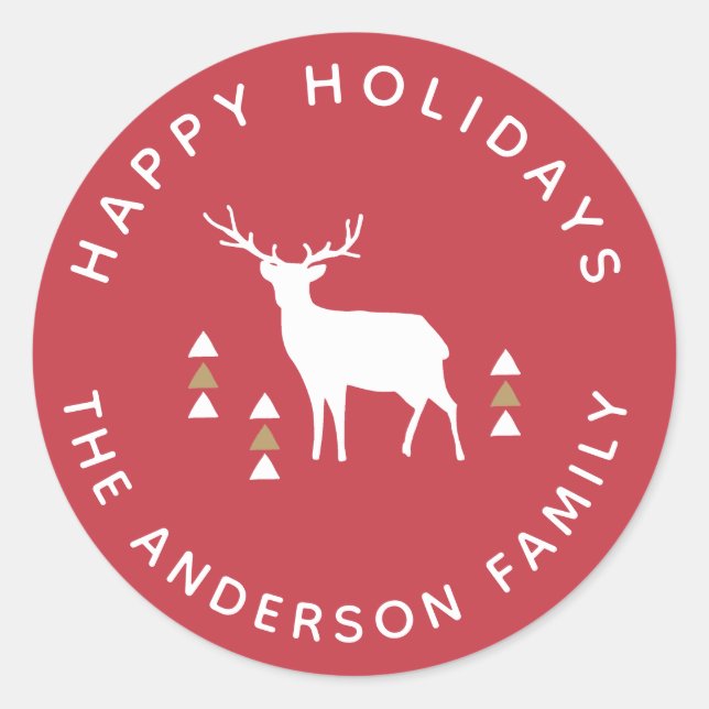 Adesivo Red e Dourada Reindeer Happy Holidays Gift Sticker (Frente)