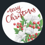Adesivo Red Felry Christmas White Green Floral<br><div class="desc">Vestido de Natal festivo, vareta de saco e design de envelope com uma coloração aquosa buquê de inverno com flores brancas, bagas vermelhas e botânicos verdes brilhantes. A caligrafia moderna de Feliz Natal em vermelho adiciona um toque de moderno a este arranjo de flores elegante e elegante. Feliz Natal para...</div>