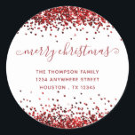 Adesivo Red Glitter Merry Christmas Name Endereço de devol<br><div class="desc">Red Glitter Merry Christmas Name Return Address (Endereço de devolução do nome de Natal da alegria vermelha). Personalize facilmente o texto.</div>