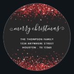 Adesivo Red Glitter Merry Christmas Name (Leitura vermelha<br><div class="desc">Red Glitter Merry Christmas Name Return Address Black. Personalize facilmente o texto.</div>