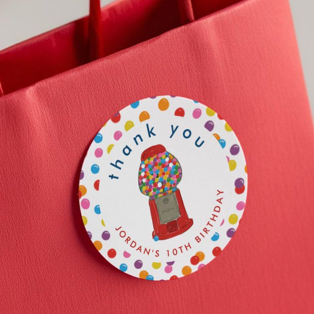 Adesivo Red Gumball Machine Candy Gum Obrigado (Red Gumball Machine Candy Bubble Gum Thank You Classic Round Sticker)