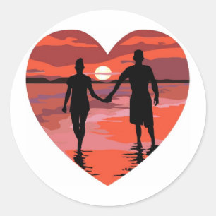 Adesivo Red Heart Sunset Beach Segurando Mãos