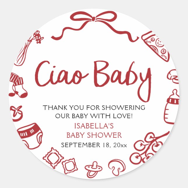 Adesivo Red Italian Hand Drawn Pizza Ciao Baby Baby Shower (Frente)