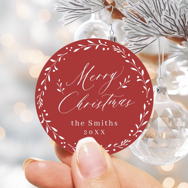 Adesivo Red Modern script Merry Natal presente (Red Modern script Merry Christmas holiday gift Classic Round Sticker)