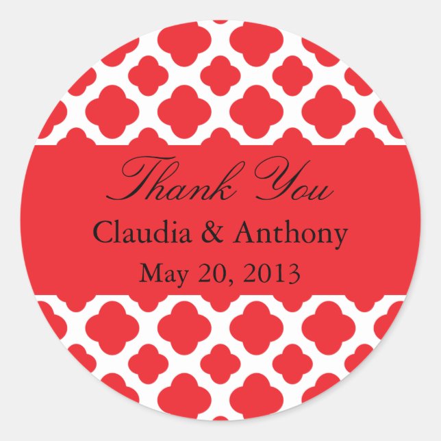 Adesivo Red Quatrefoil Patterno Casamento Obrigado Sticker (Frente)