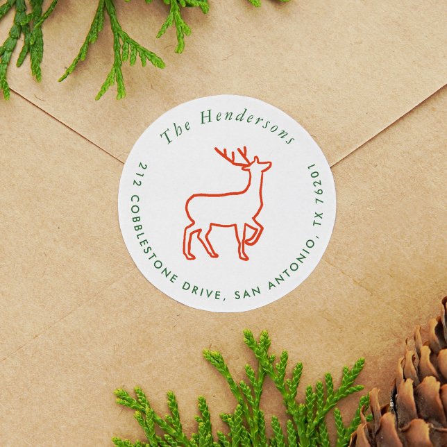 Adesivo Red Reindeer Scandinavian Green Return Endereço (Red Reindeer Scandinavian Green Return Address Classic Round Sticker)