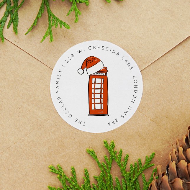 Adesivo Red Santa Hat London Caixa telefônica Endereço de  (Red Santa Hat London Telephone Box Return Address Classic Round Sticker)